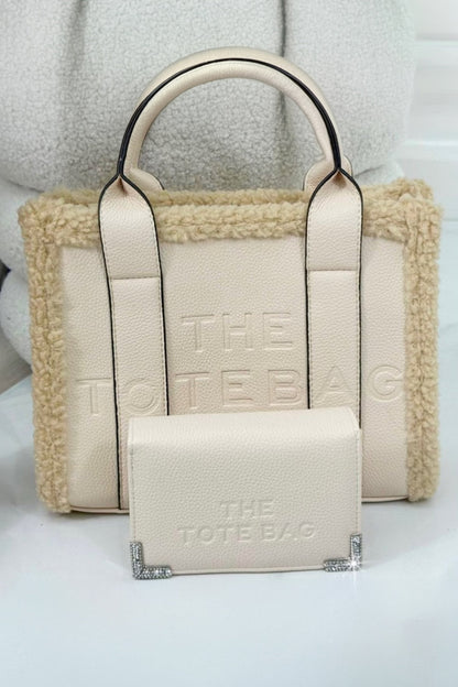 Nude Winter Crush Medium Sherpa Handbag &amp; Sparkly Tote Purse Bundle