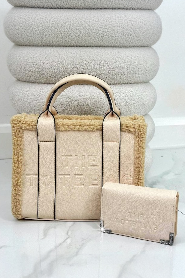 Nude Winter Crush Medium Sherpa Handbag &amp; Sparkly Tote Purse Bundle finished with faux pebbled leather with faux sherpa trim