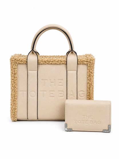 Nude Winter Crush Medium Sherpa Handbag &amp; Sparkly Tote Purse Bundle