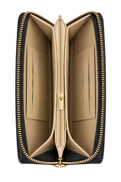 Side view of black zip-around purse featuring gold tone zipper teeth, a matching gold zip pull and beige accordion- style interior with multiple compartments. 