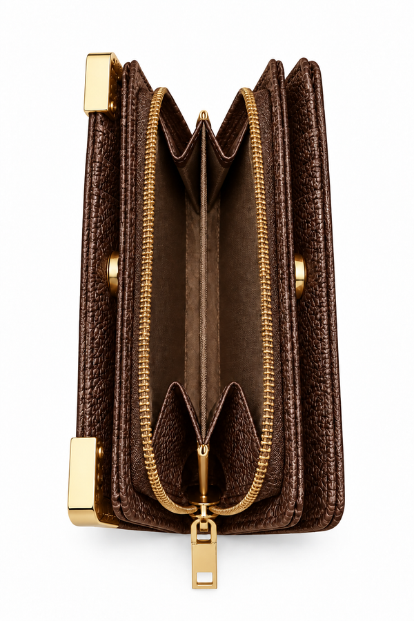 Dark brown textured tote purse shown from the side featuring multiple accordion-style compartments, a central zippered section with gold-tone upper and pull, and gold tone metal hardware. 