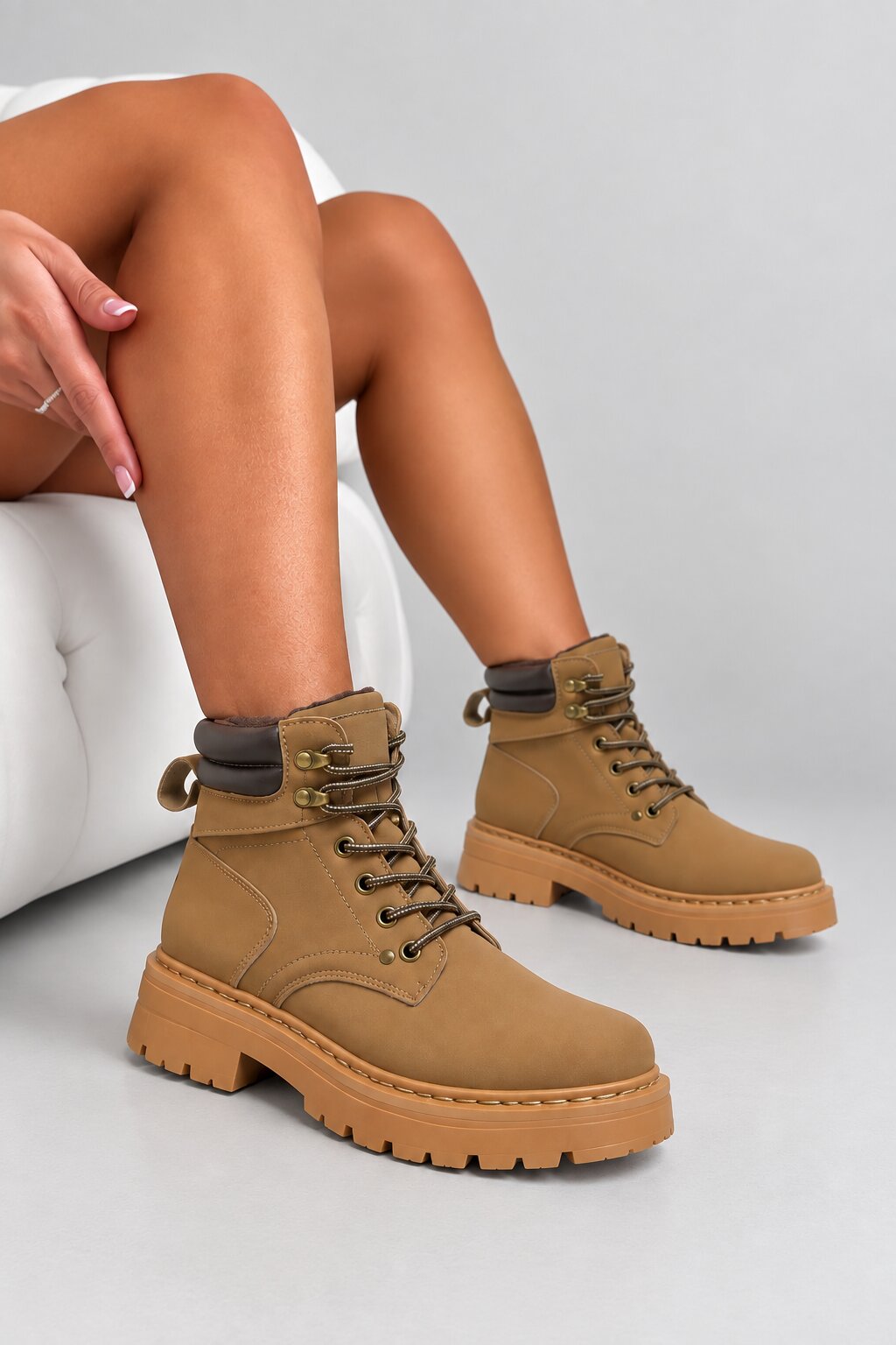 Parker Faux Suede Lace Up Chunky Cleated Utility Ankle Boots Brown