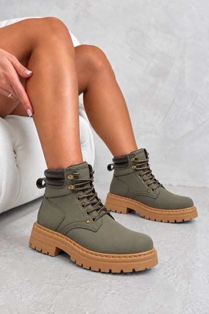 Parker Faux Suede Lace Up Chunky Cleated Utility Ankle Boots Green