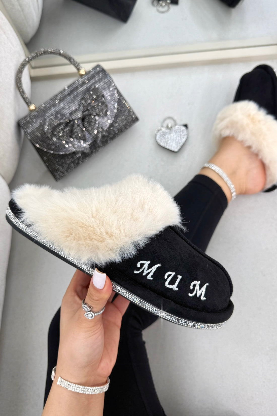 Personalised Crystal Trim Faux Fur Cosy Black Slippers - Mum