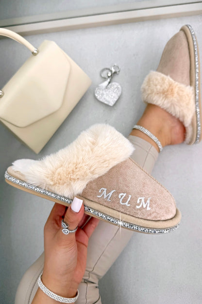 Personalised Crystal Trim Faux Fur Cosy Nude Slippers - Mum