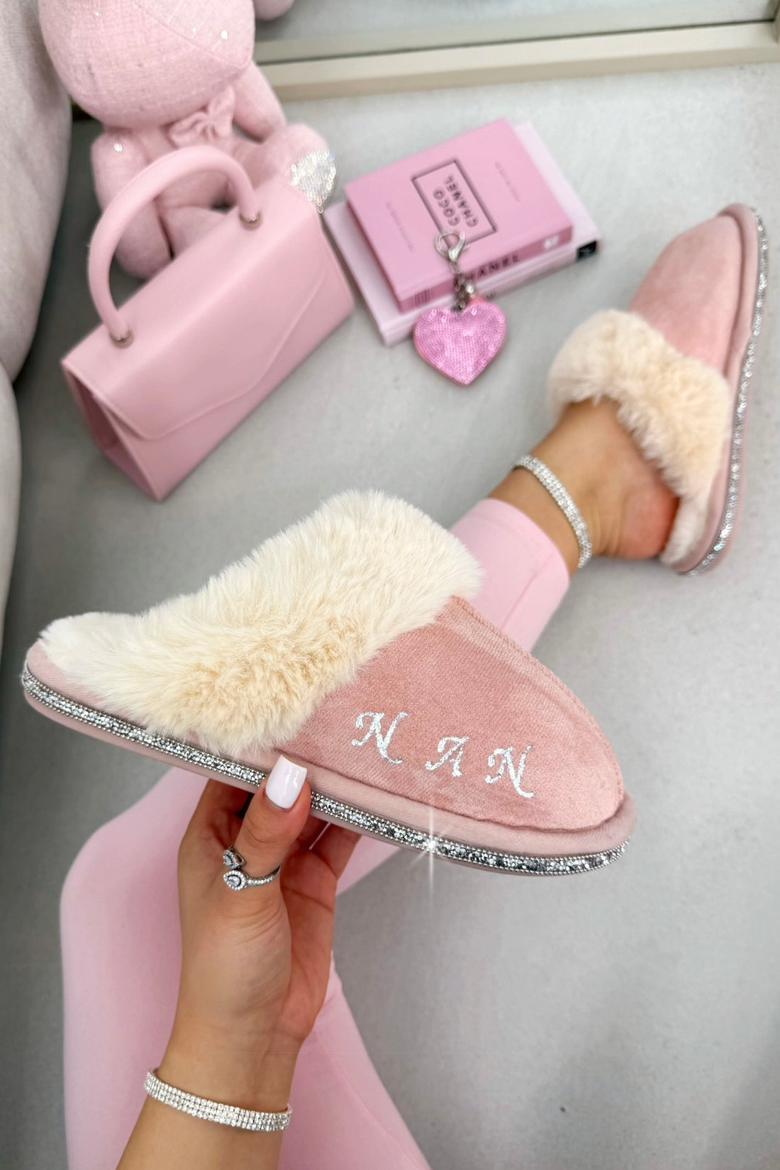 Personalised Crystal Trim Faux Fur Cosy Pink Slippers - Nan