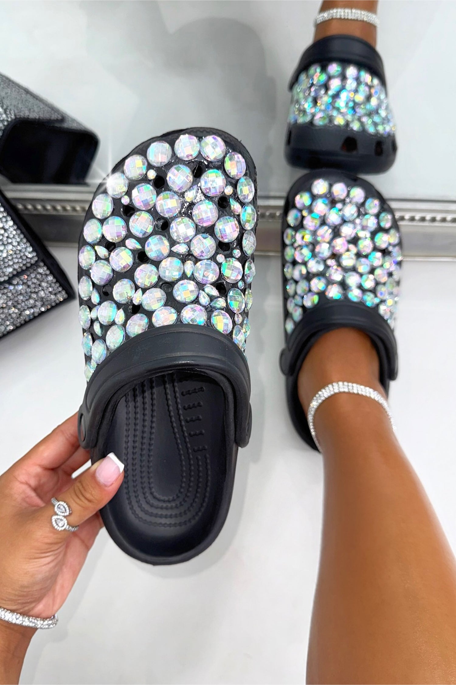 Crystal Galaxy Rhinestone Crox Clogs Black