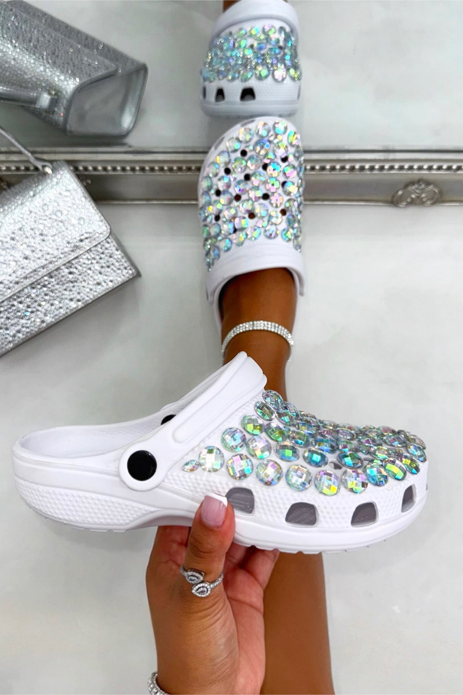 Crystal Galaxy Rhinestone Crox Clogs White