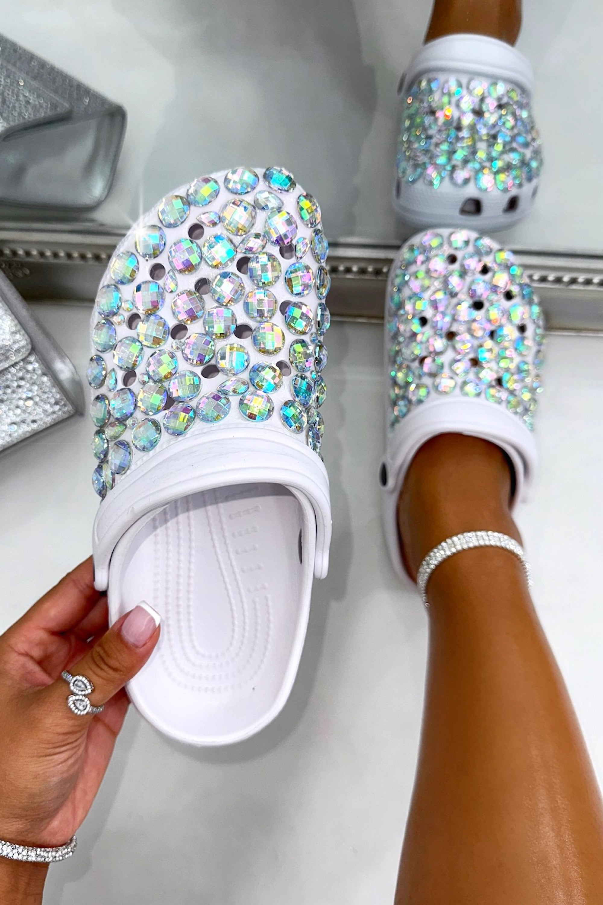 Crystal Galaxy Rhinestone Crox Clogs White