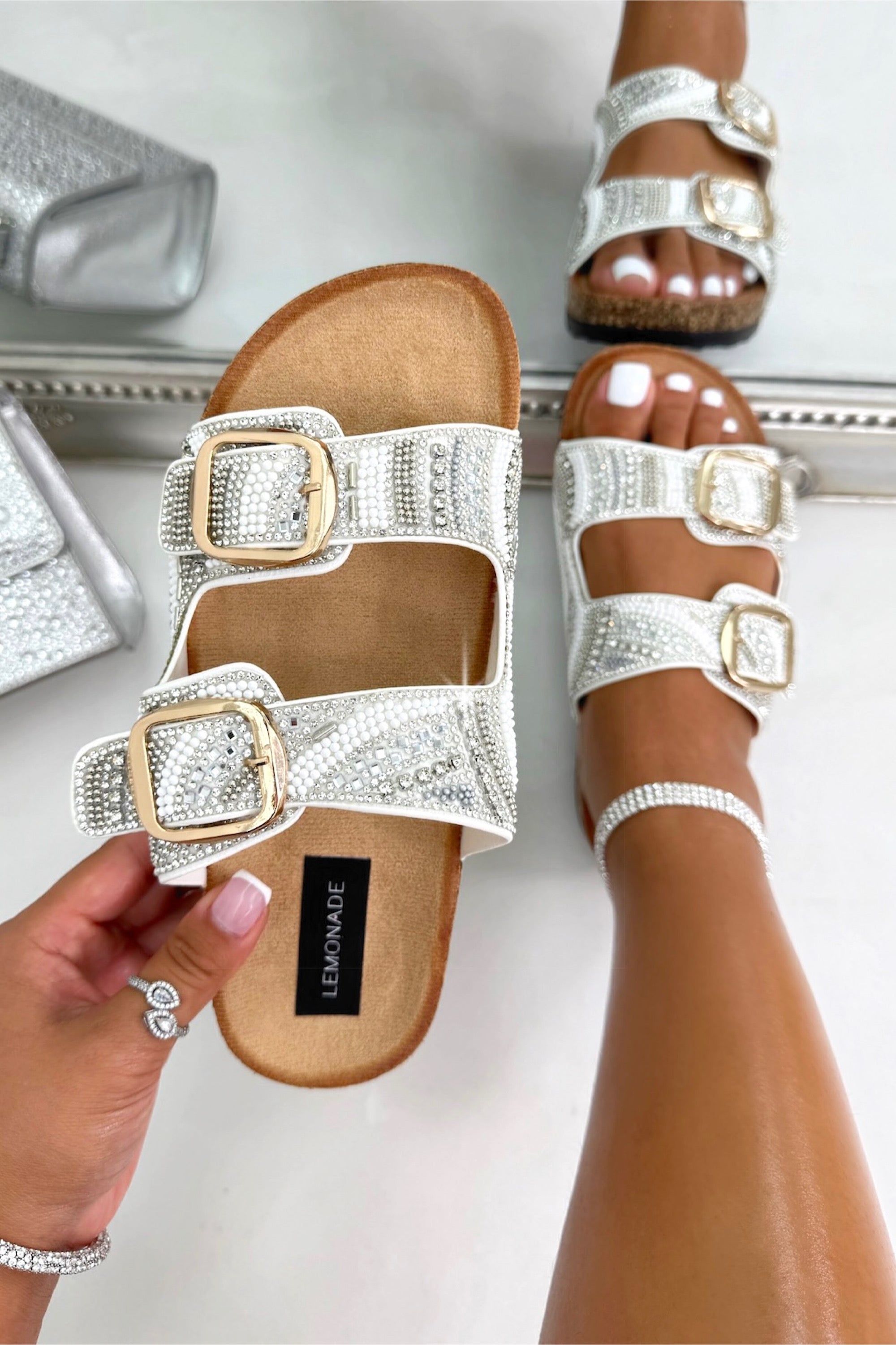 Sparkly Seaside Luxe Double Buckle Sliders White
