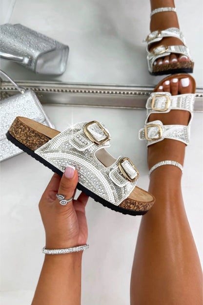 Sparkly Seaside Luxe Double Buckle Sliders White