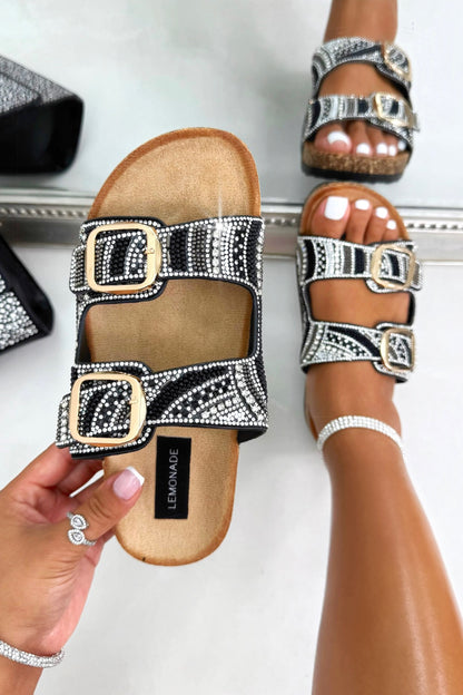 Sparkly Seaside Luxe Double Buckle Sliders Black