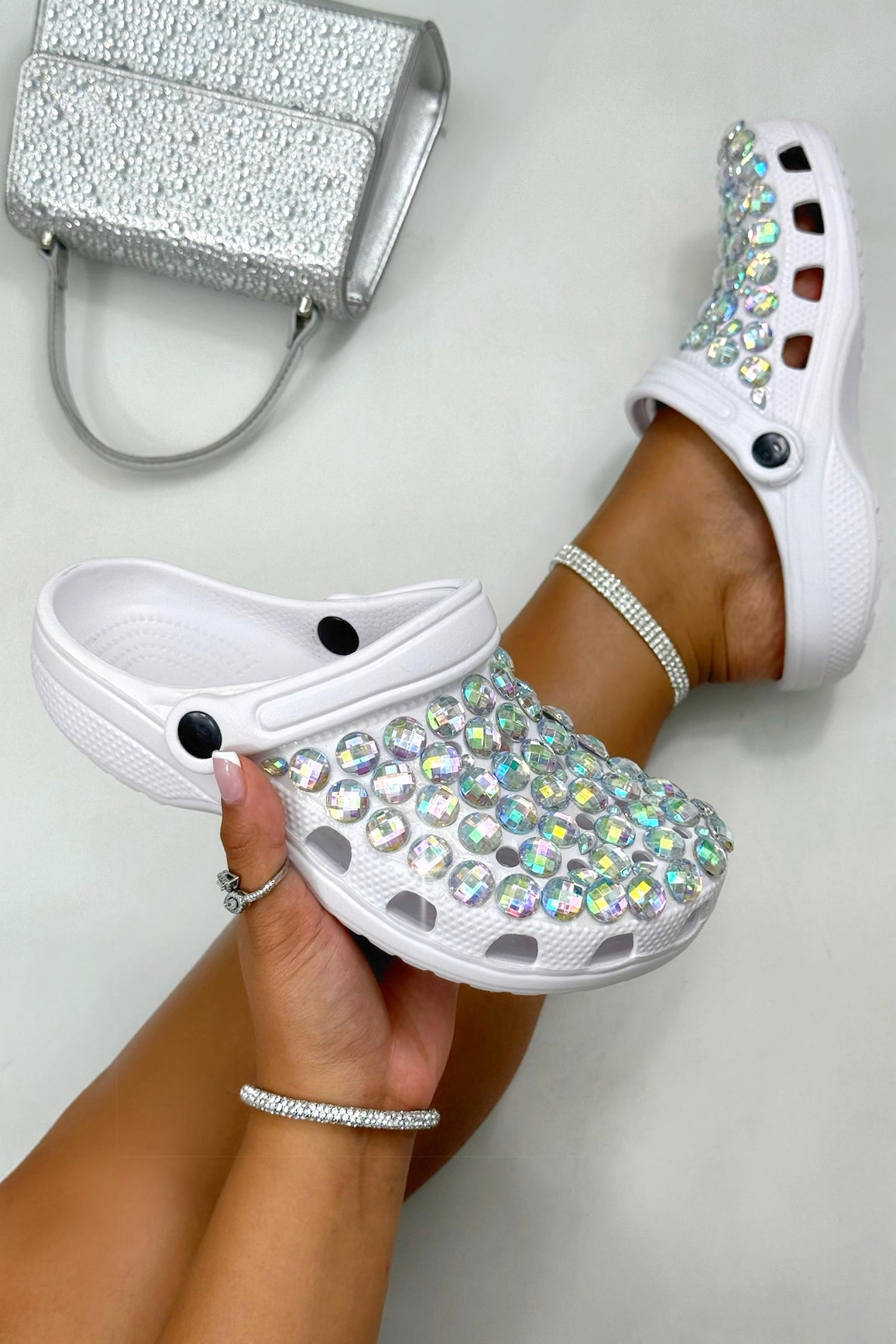 Crystal Galaxy Rhinestone Crox Clogs White
