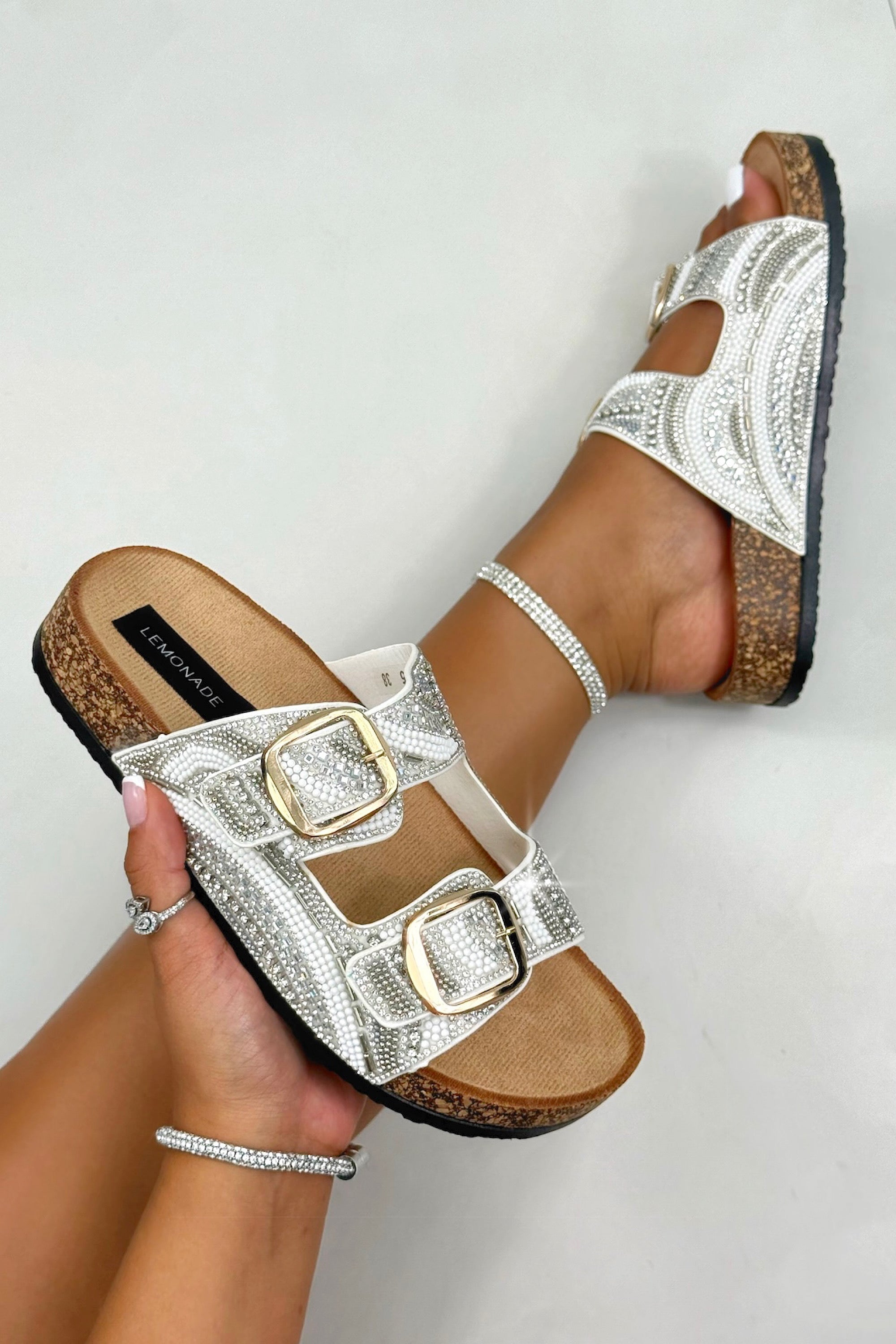 Sparkly Seaside Luxe Double Buckle Sliders White