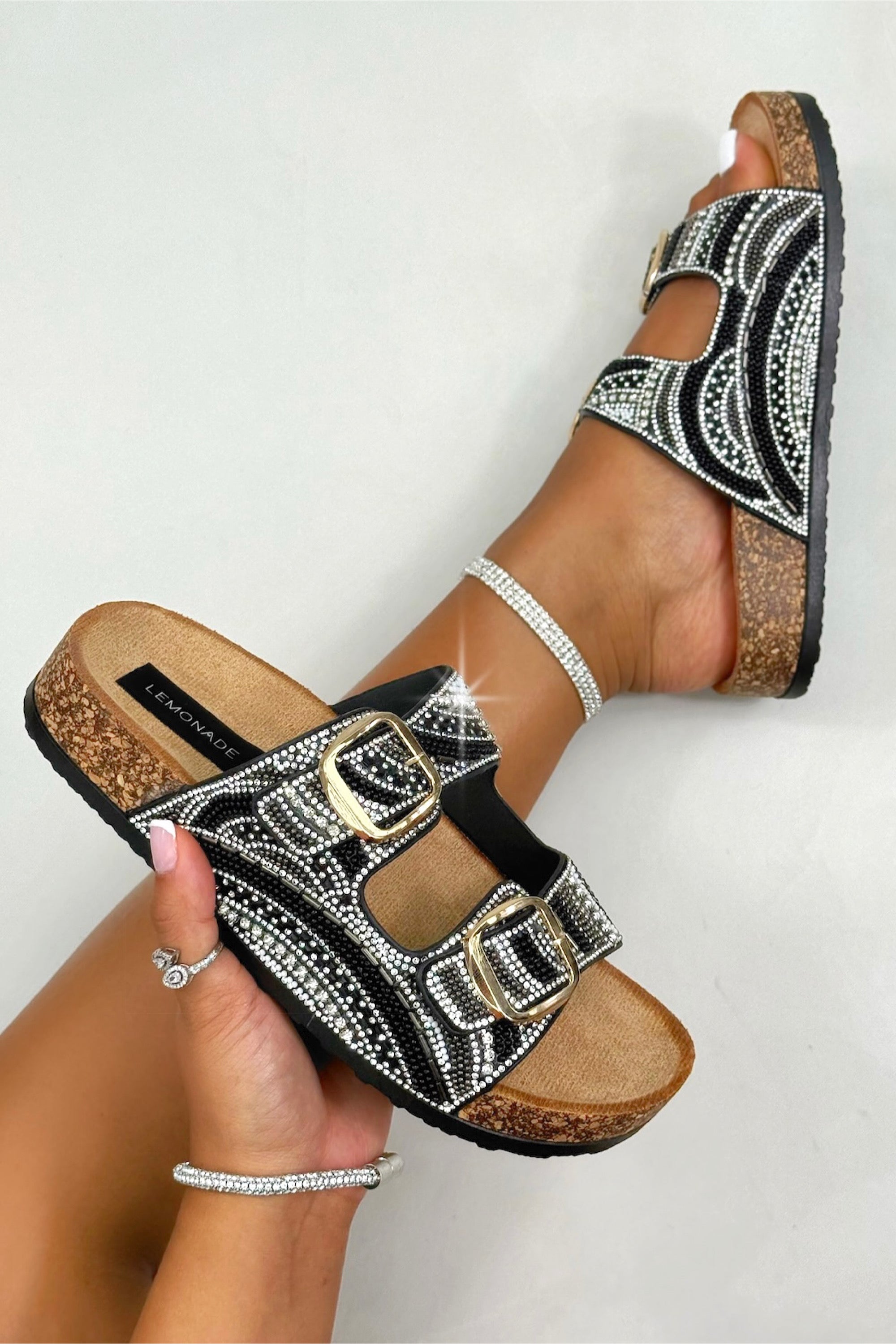 Sparkly Seaside Luxe Double Buckle Sliders Black