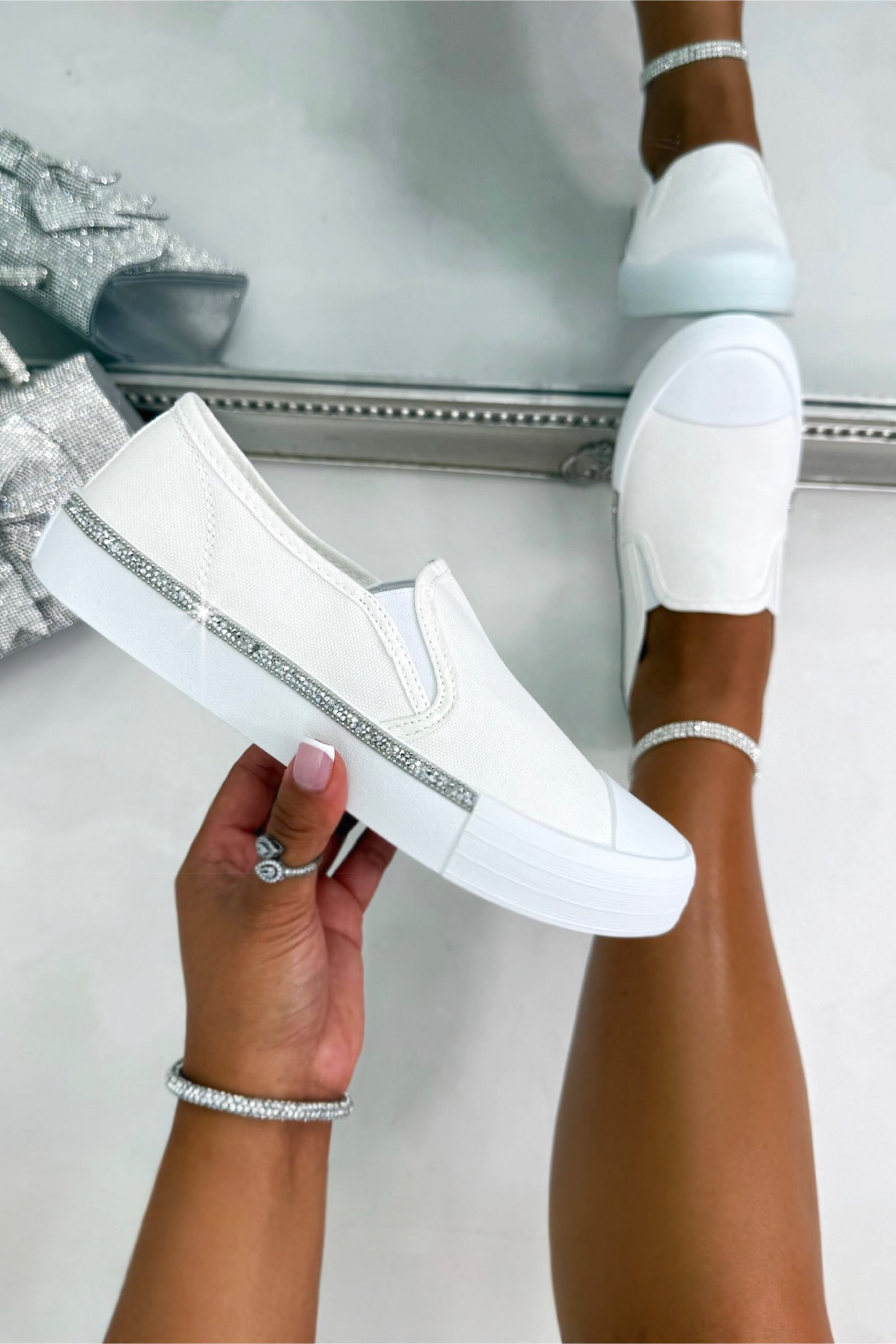 Crystal Everyday Glam Side Trim Slip-On Trainers White