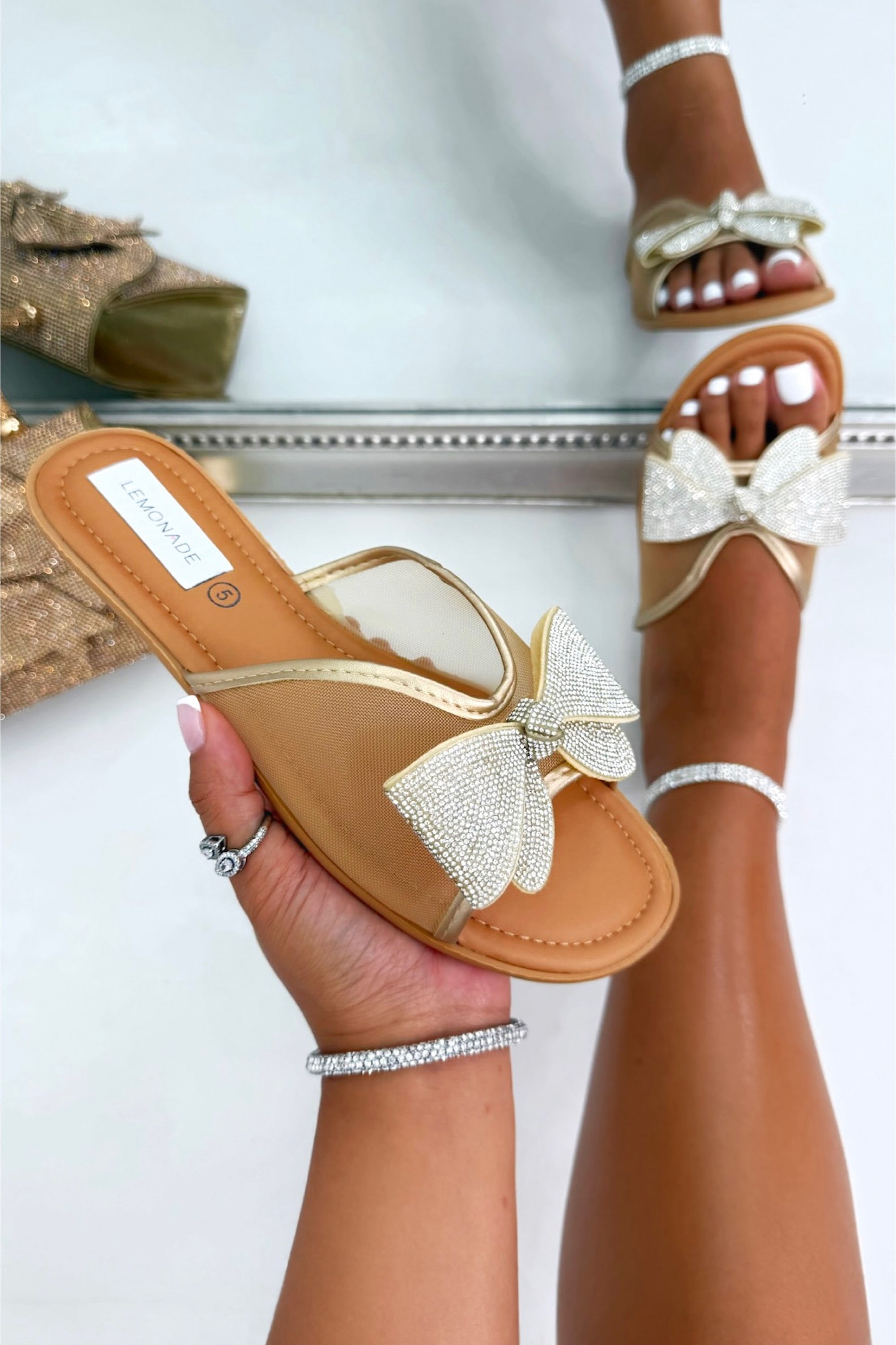 Sparkly Love Story Bow Sliders Gold