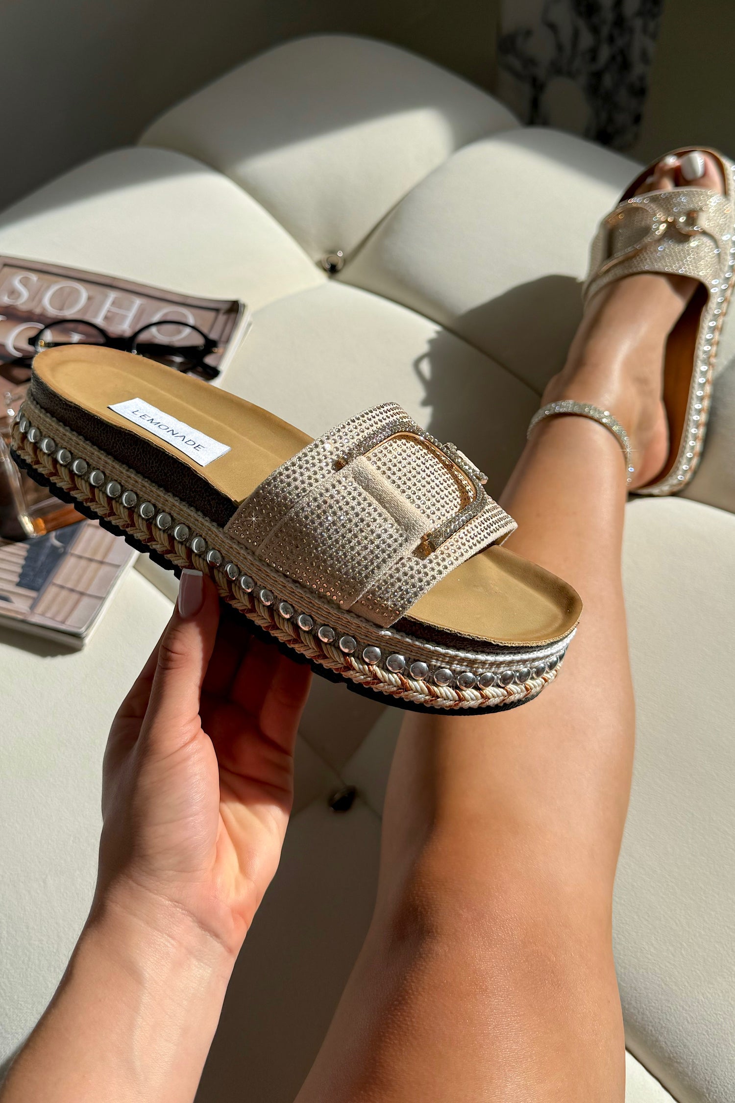 Crystal Edge Woven Platform Sliders Nude finished with strap with crystal embellishment for an elevated finish
