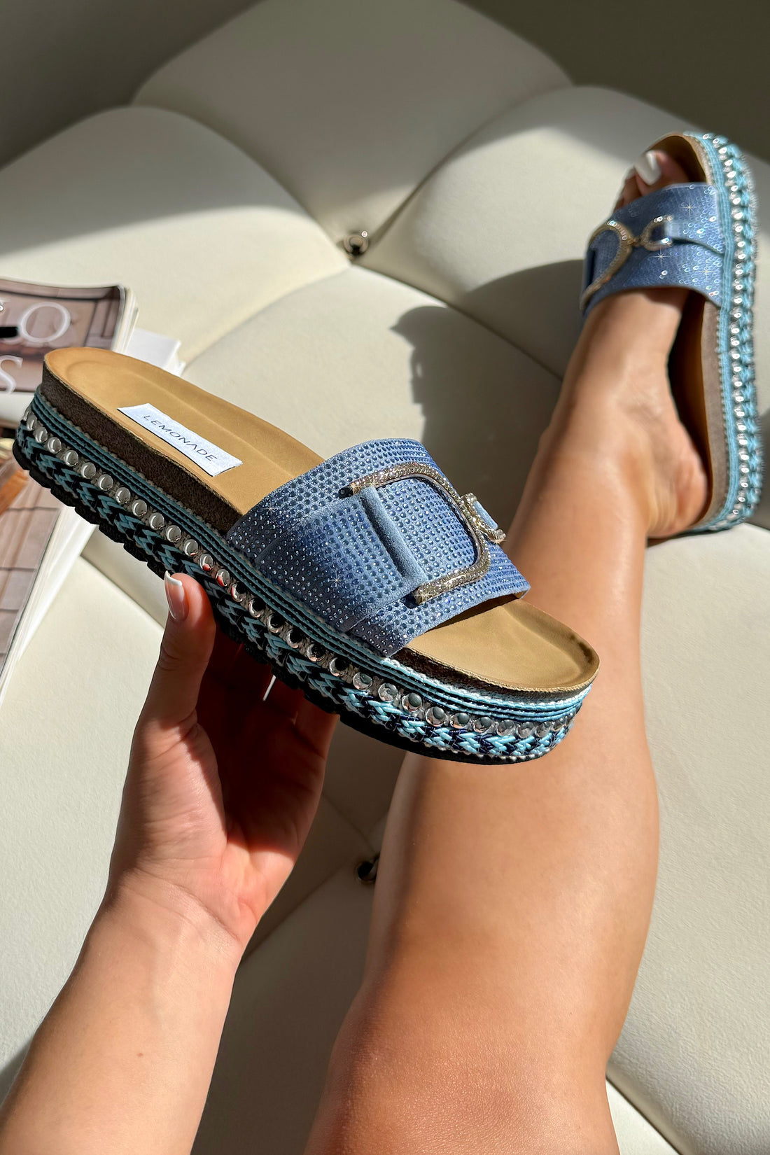 Crystal Edge Woven Platform Sliders Blue with strap with crystal embellishment for an elevated finish