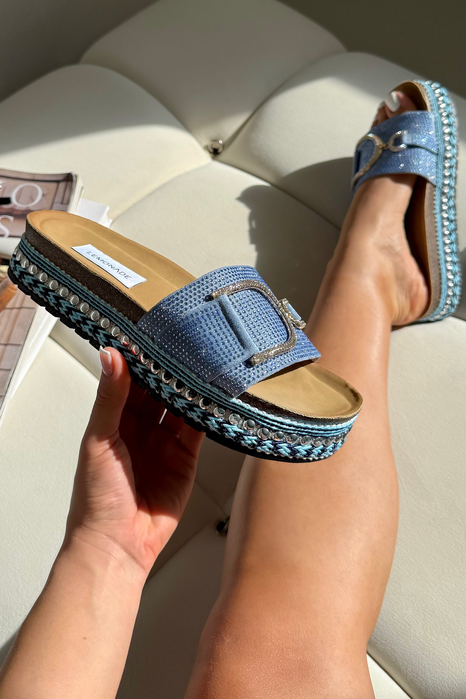 Crystal Edge Woven Platform Sliders Blue with strap with crystal embellishment for an elevated finish