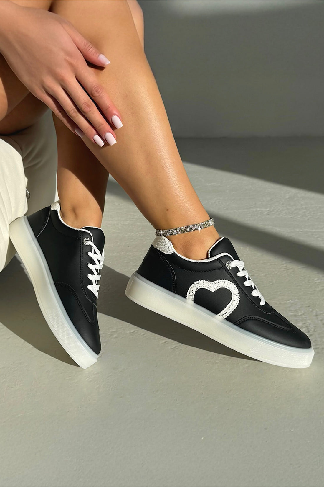 Crystal Cherish Heart Lace-Up Trainers Black featuring lace-up fastening