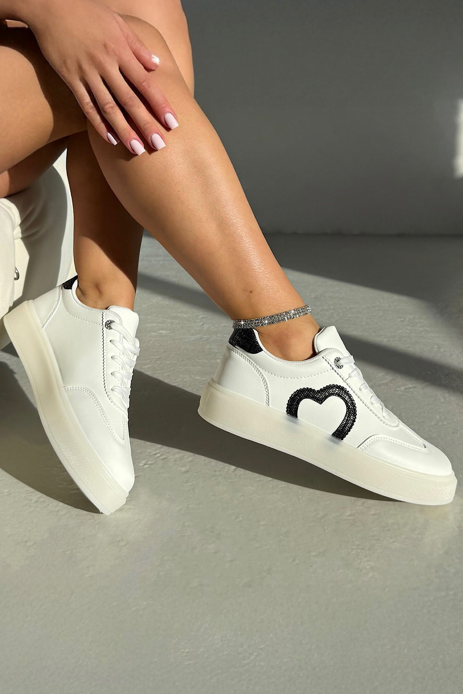 Crystal Cherish Heart Lace-Up Trainers White featuring lace-up fastening