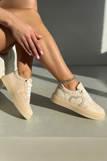 Crystal Cherish Heart Lace-Up Trainers Nude finished with lace-up fastening