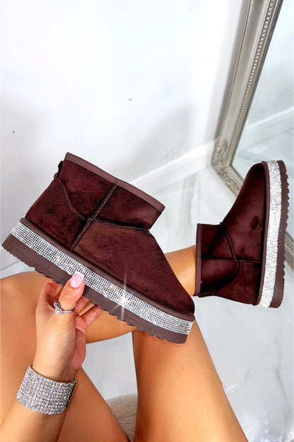 Crystal Diamond Edge Cosy Snug Mini Boots Brown with soft brown suede upper