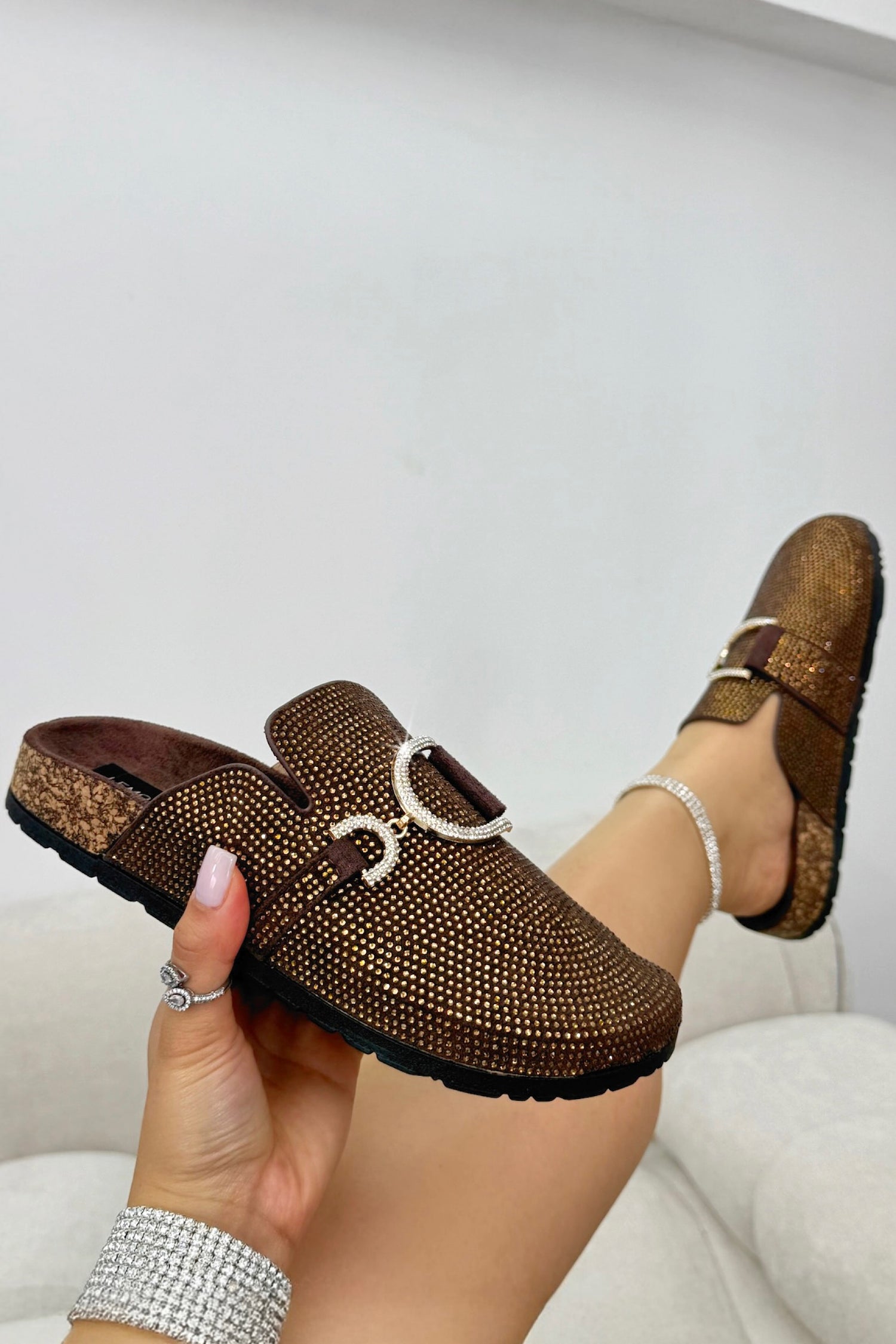 Crystal Imperial Suede Slip On Clog Mules Brown, showcasing soft faux suede upper with sparkling crystal finish