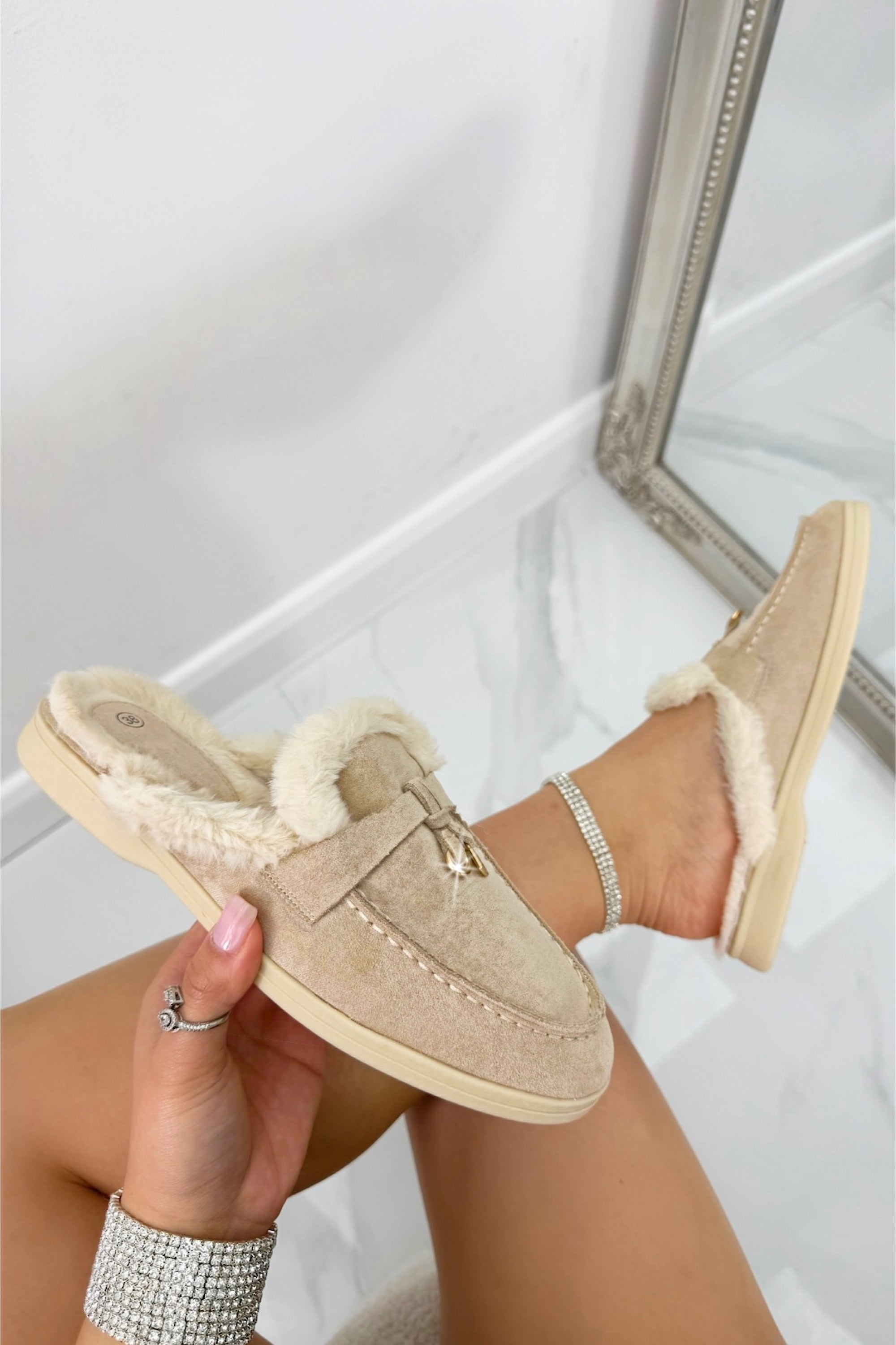 Velvet Crush Slip On Clog Mules Nude, showing plush faux-fur lining and trim for added comfort