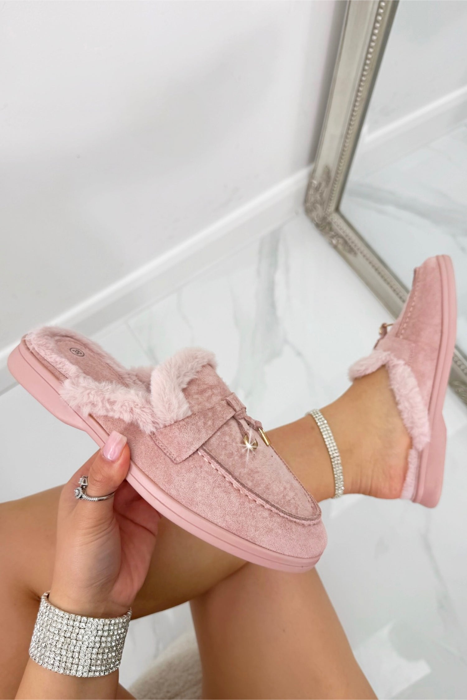 Velvet Crush Slip On Clog Mules Pink, drawing attention to plush faux-fur lining and trim for added comfort