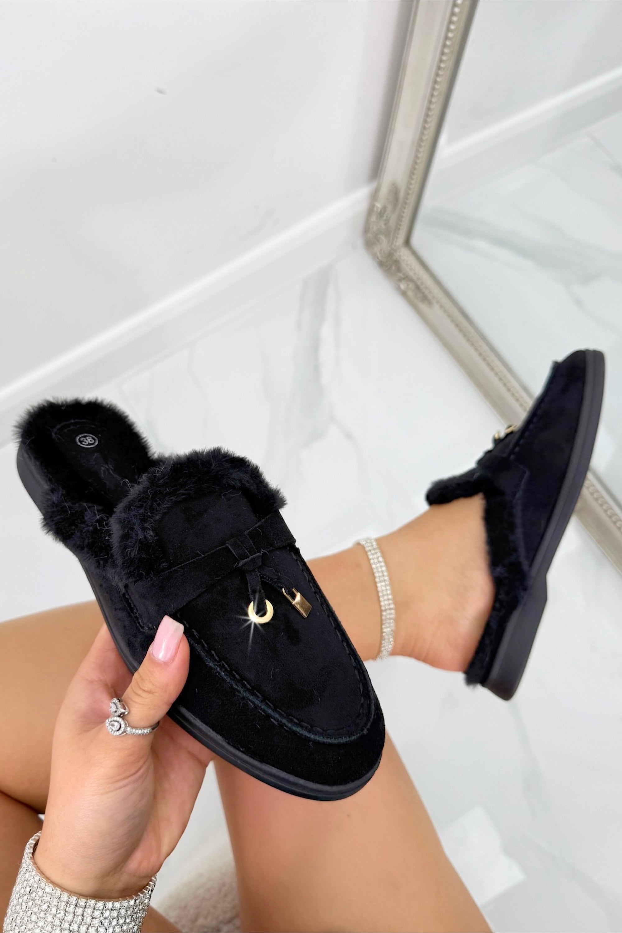 Velvet Crush Slip On Clog Mules Black, drawing attention to plush faux-fur lining and trim for added comfort