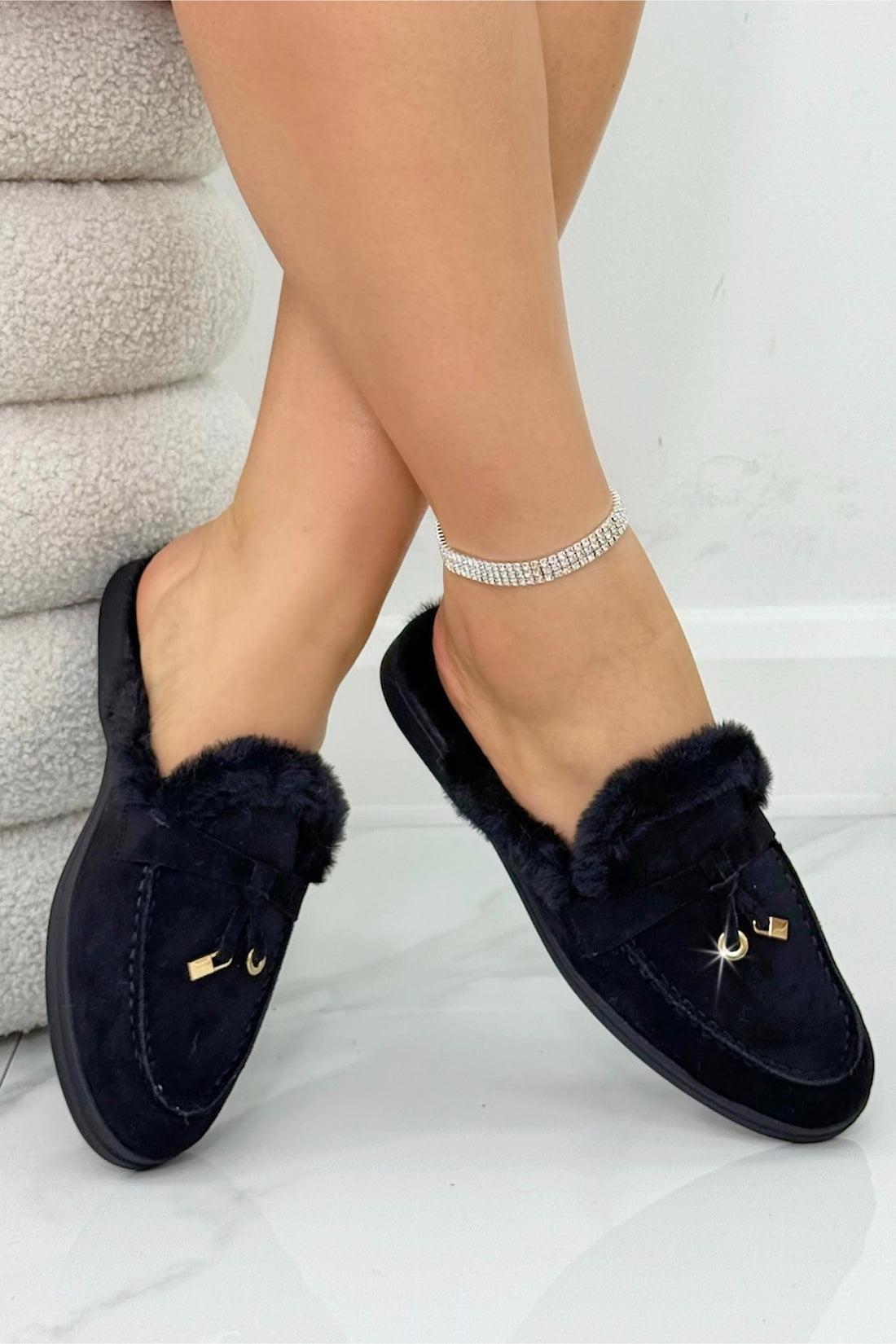 Velvet Crush Slip On Clog Mules Black, bringing attention to soft velvet-finish upper