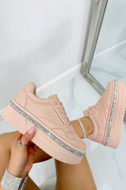 Crystal Diamante Trim Platform Trainers Pink, showing chunky platform sole for added height and comfort