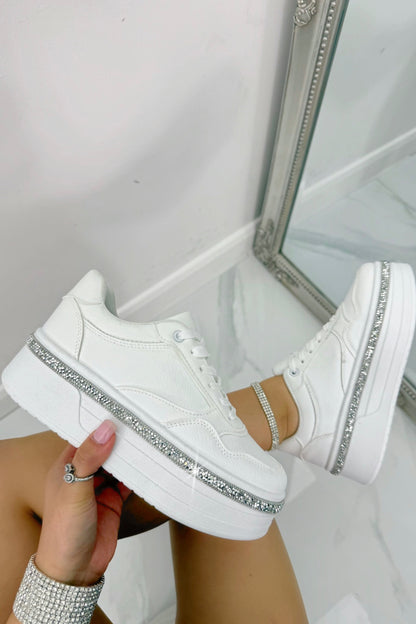 Crystal Diamante Trim Platform Trainers White, drawing attention to chunky platform sole for added height and comfort