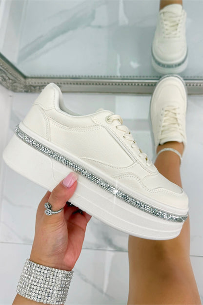 Crystal Diamante Trim Platform Trainers Nude