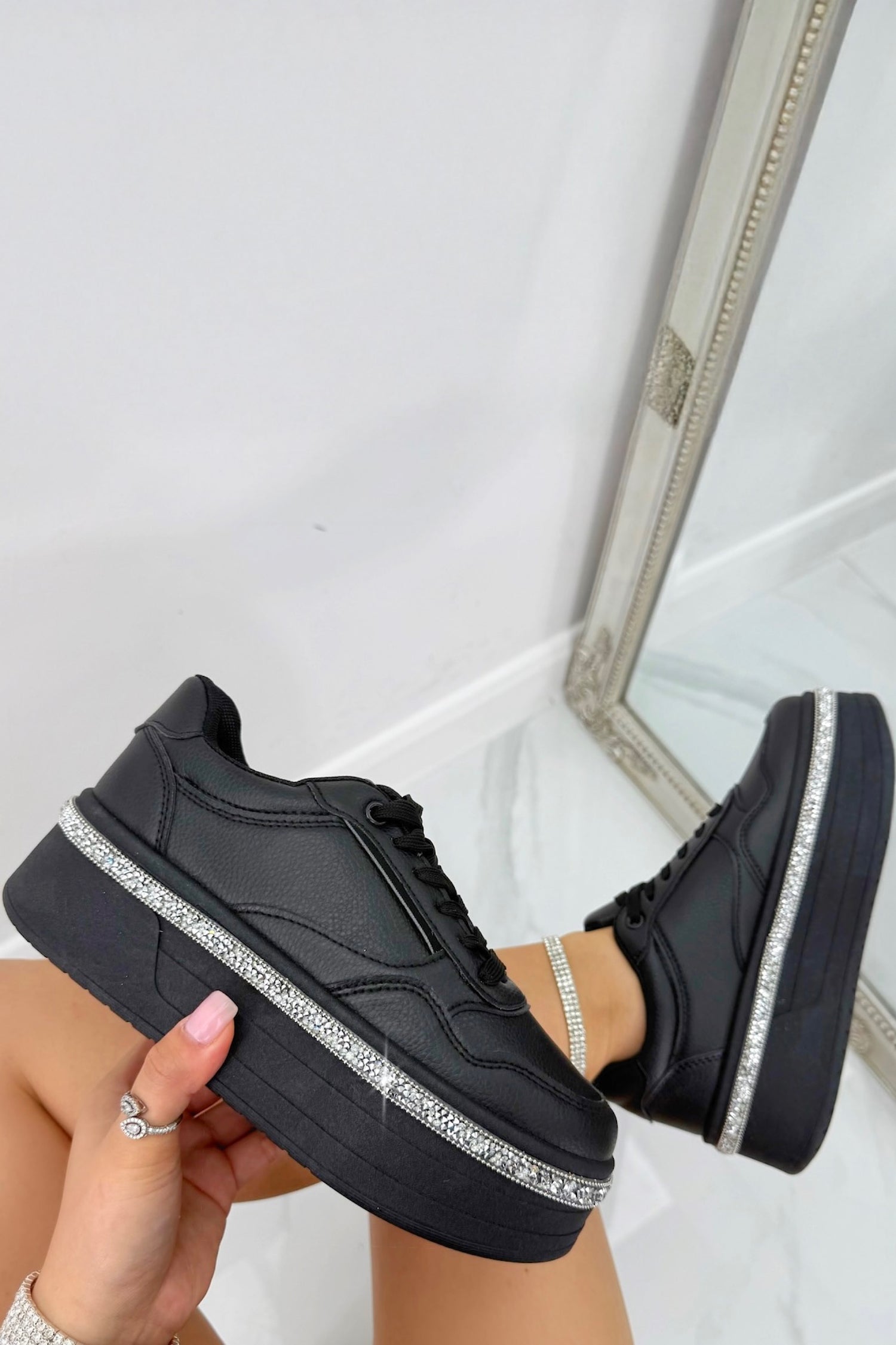 Crystal Diamante Trim Platform Trainers Black, drawing attention to chunky platform sole for added height and comfort