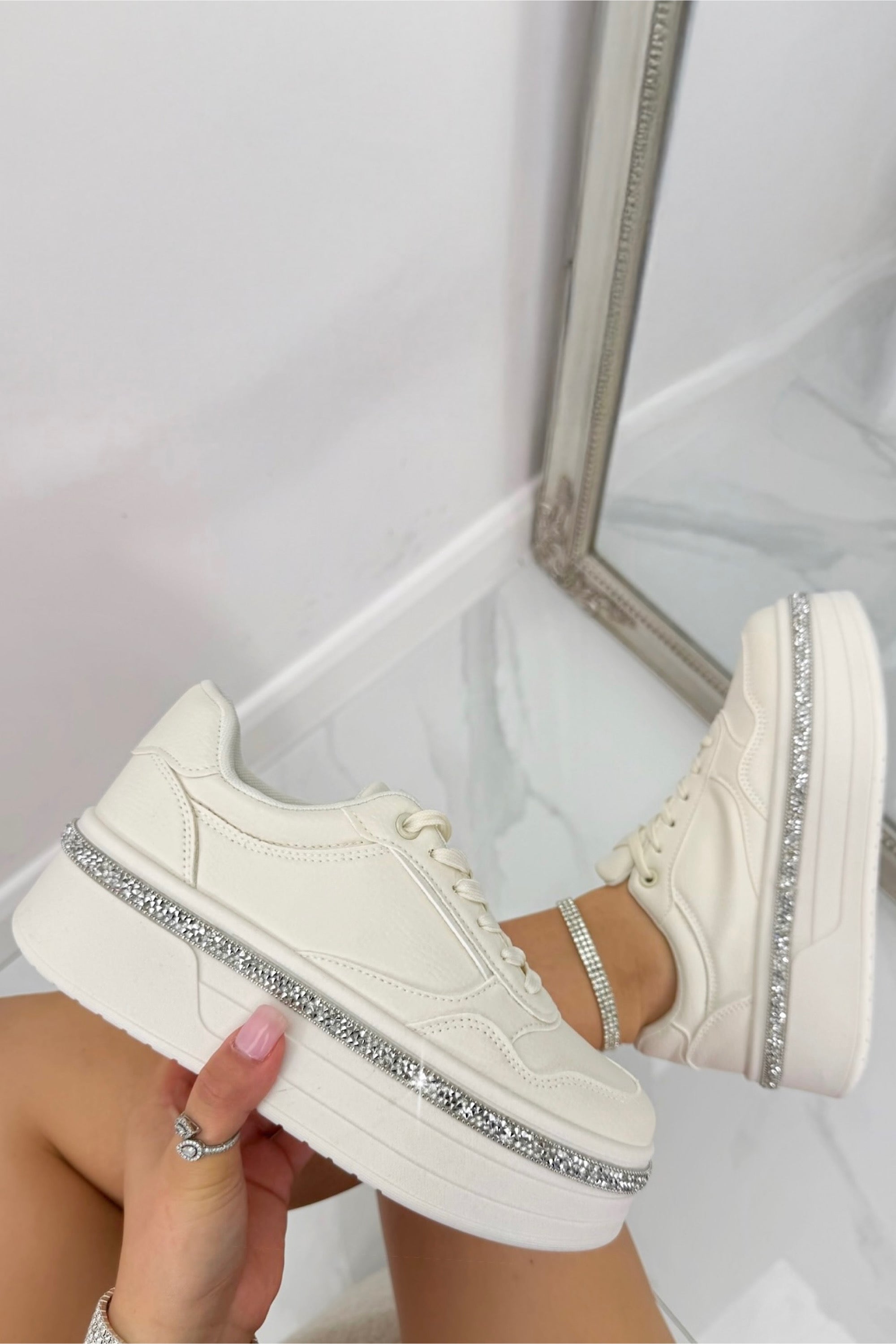 Crystal Diamante Trim Platform Trainers Nude, drawing attention to chunky platform sole for added height and comfort