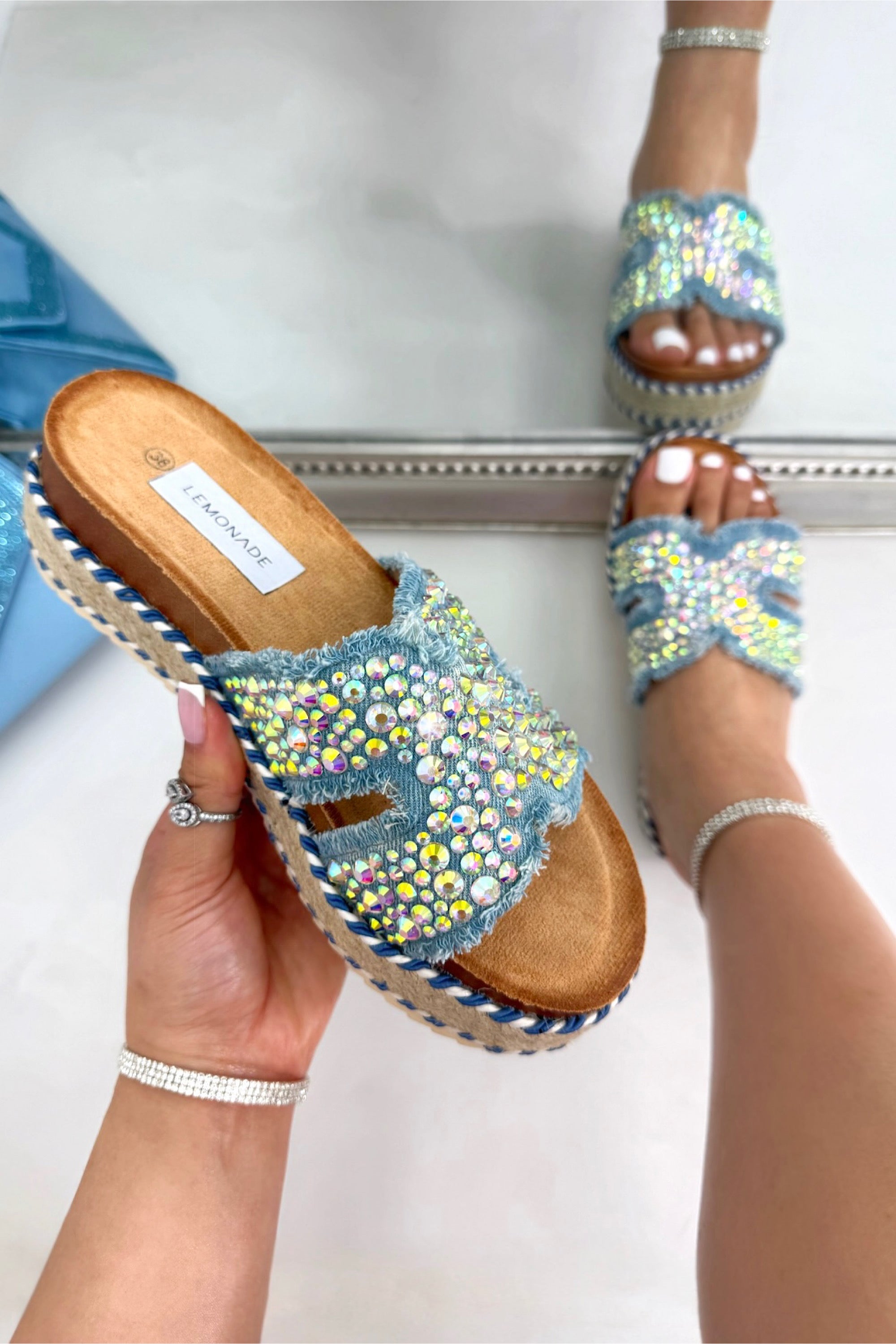 Crystal Shimmer Cross Strap Platform Sliders Light Blue finished with crystal embellished cross-over straps for maximum sparkle