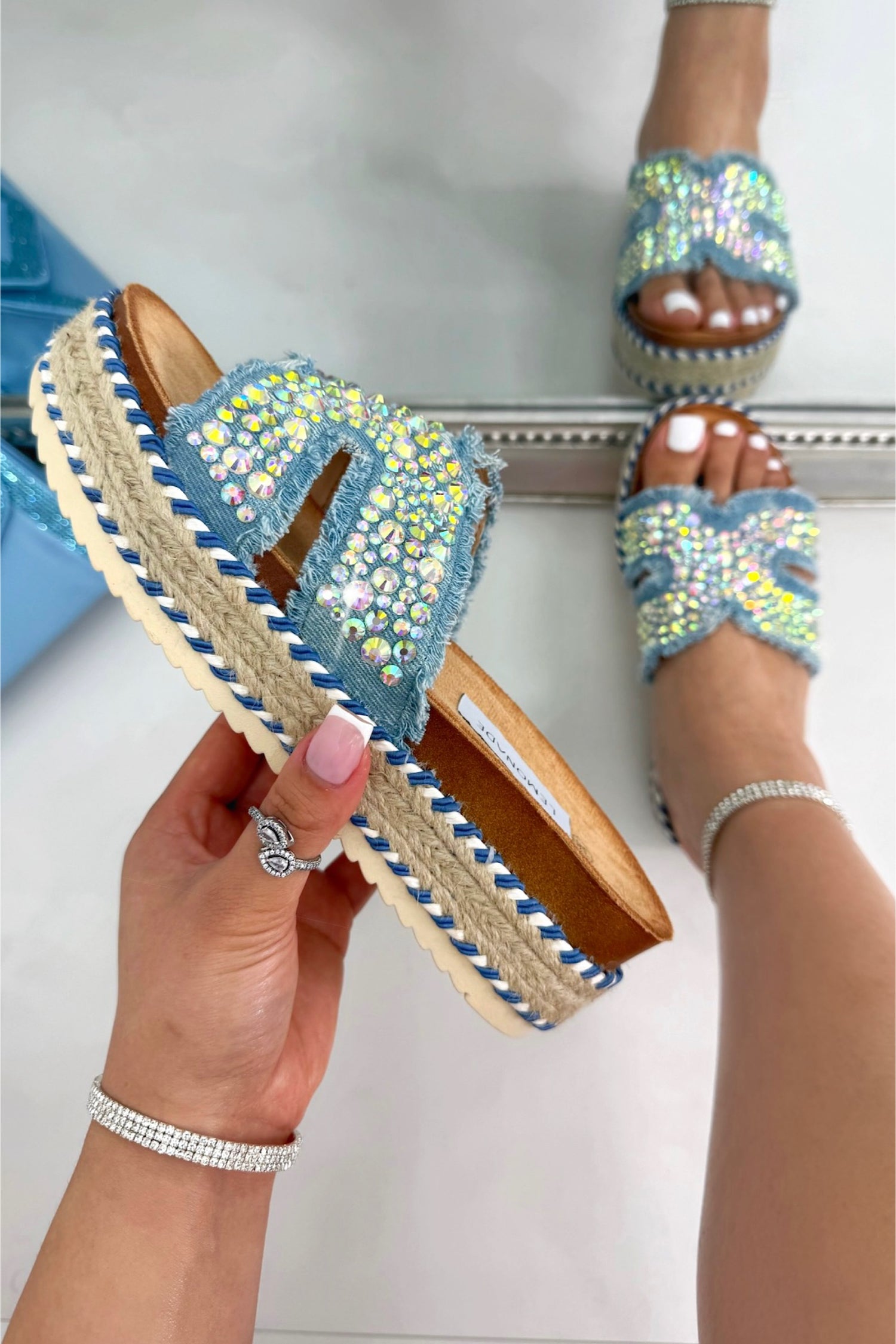 Crystal Shimmer Cross Strap Platform Sliders Light Blue, focused on cushioned footbed for all-day comfort