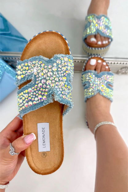 Crystal Shimmer Cross Strap Platform Sliders Light Blue, showcasing chunky platform sole for added height