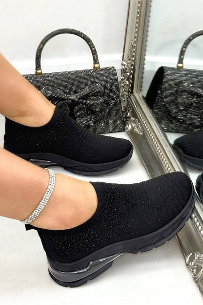 Crystal Luminate Stretch Sock Slip On Trainers Black, with emphasis on flexible knit upper for a second-skin fit