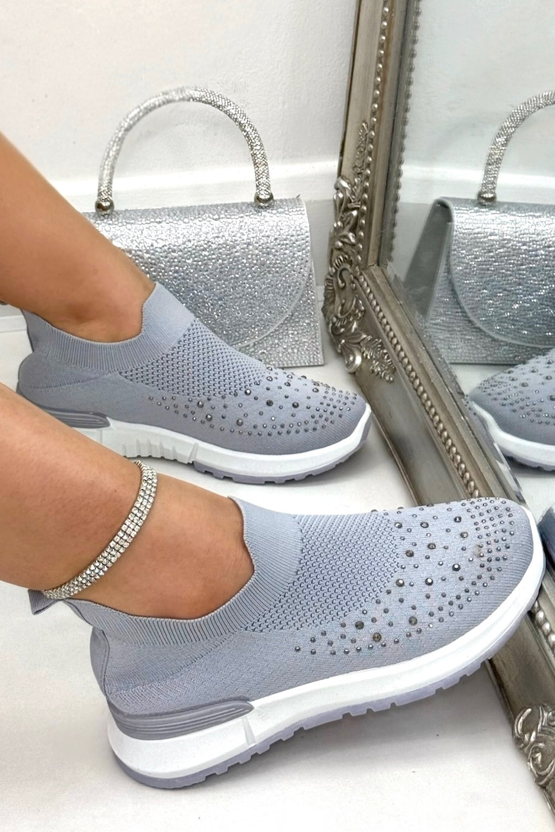 Sparkle Contrast Motion Stretch Sock Slip On Trainers Grey with stretch sock slip on design for easy, fuss-free wear