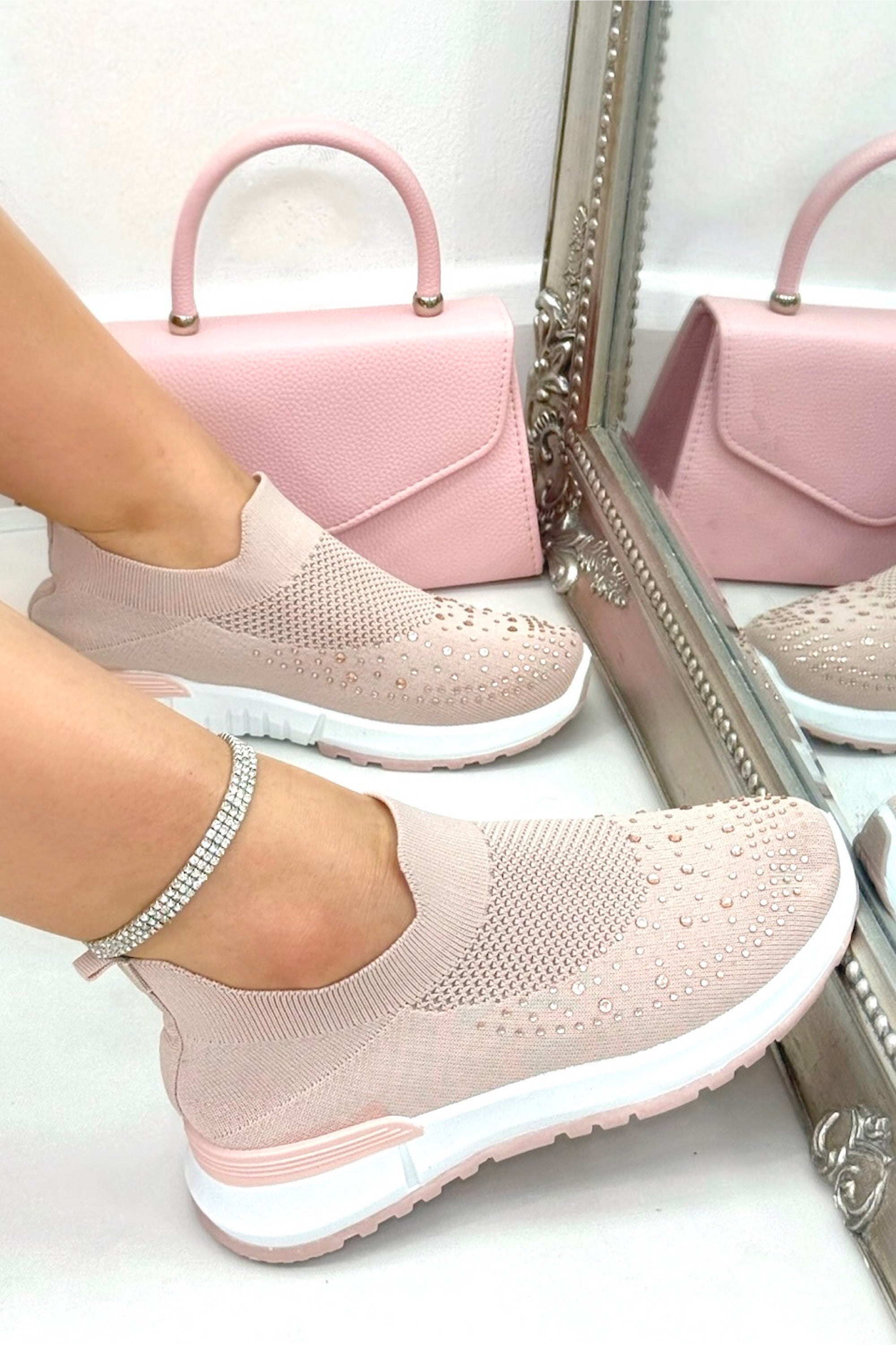 Sparkle Contrast Motion Stretch Sock Slip On Trainers Pink featuring stretch sock slip on design for easy, fuss-free wear