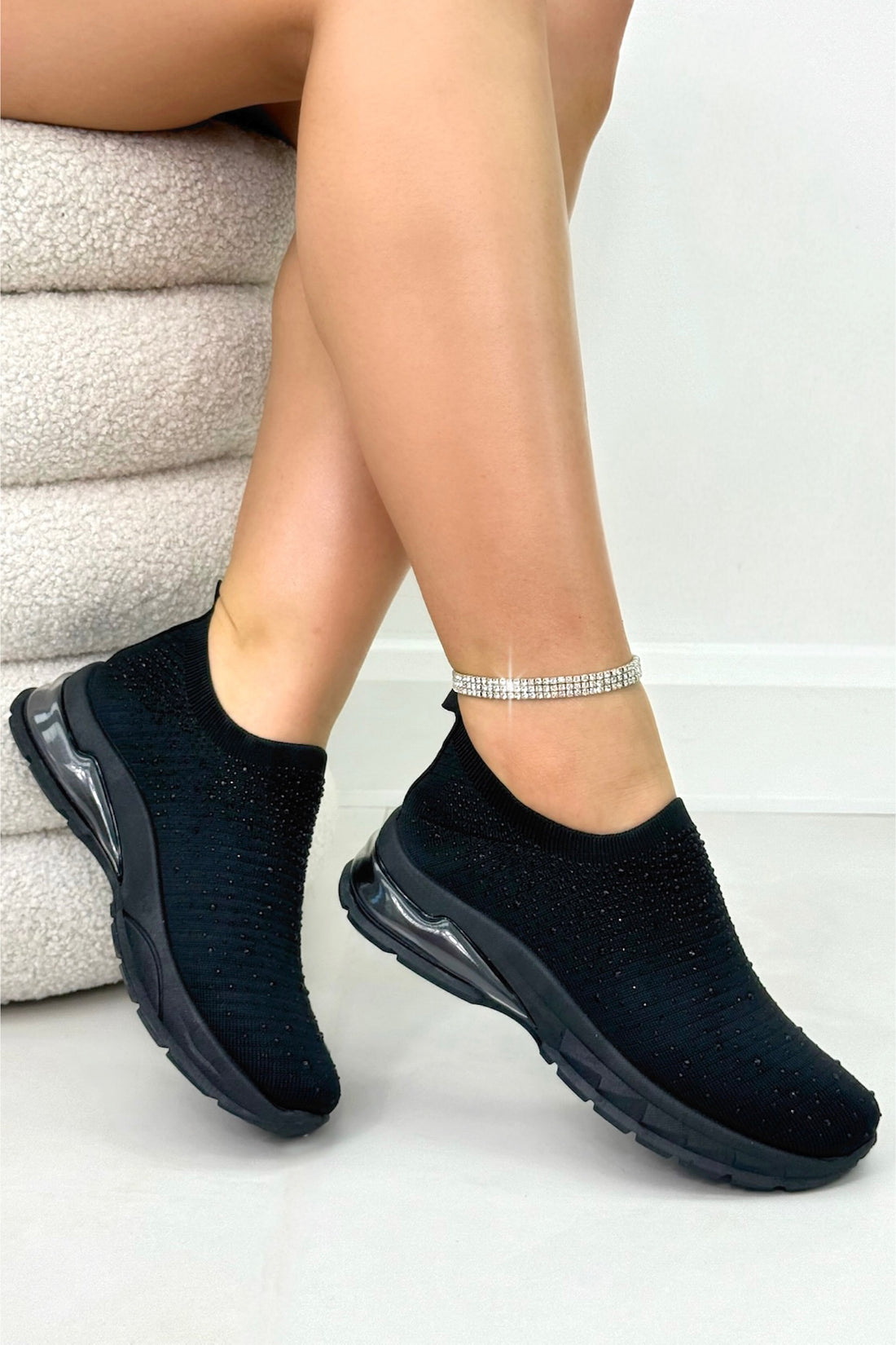 Crystal Luminate Stretch Sock Slip On Trainers Black featuring stretch sock slip on design for effortless wear