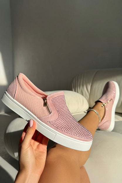 Crystal Suede Zip Pumps Pink Trainers featuring crystal-embellished