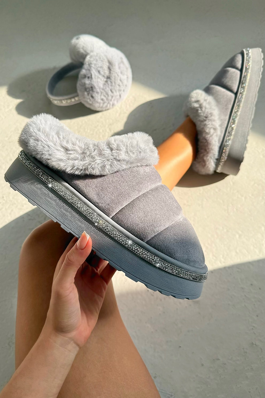 Crystal Trim Soft Touch Slippers Grey featuring quilted faux suede