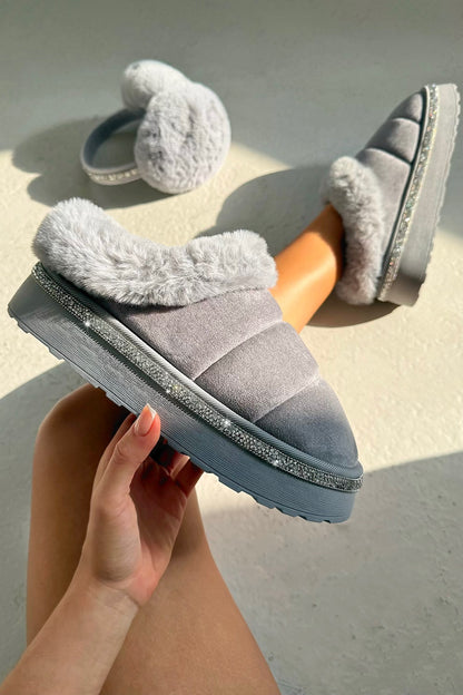 Crystal Trim Soft Touch Slippers Grey featuring quilted faux suede