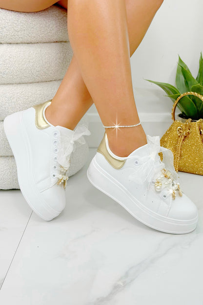 Sparkly Pearl Charm Trainers Gold, highlighting organza-style ribbon laces (white laces included)