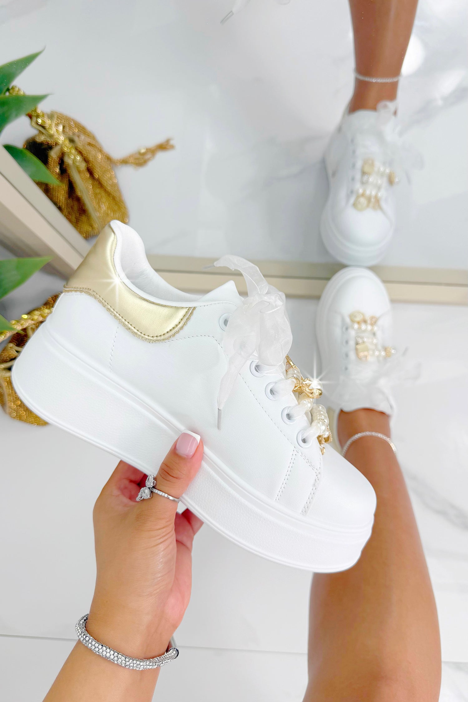 Sparkly Pearl Charm Trainers Gold, featuring organza-style ribbon laces (white laces included)